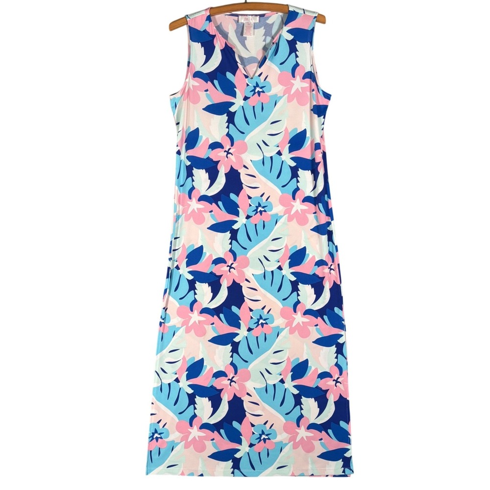 Stella Parker Collection Maxi Dress Size M Floral V Neck Sleeveless Blue Pink